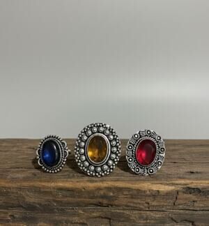 Rings Sz 8 9, Blue Red Amber Lot of 3 Bohemian German Silver Statement Vintage